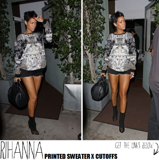 Rihanna Spotted Rockin' A Printed Sweater x Cutoffs