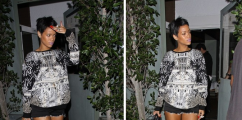 Rihanna Spotted Rockin' A Printed Sweater x Cutoffs