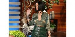 Rihanna Stops By The Ellen DeGeneres Show Slaying In A Hawt Alexandre Vauthier Mini Skirt & Orange Python Christian Louboutin So Kate Pumps